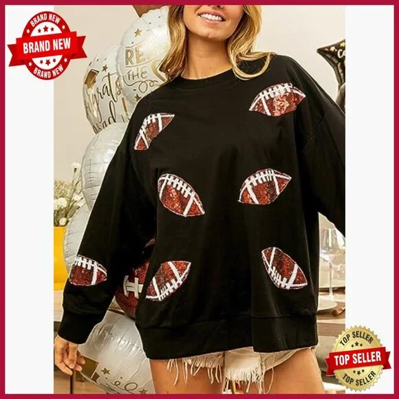 Loose Fit Football Sequin Sweatshirt Long Sleeve Pullover Casual Gameday Top - Picture 4 of 7